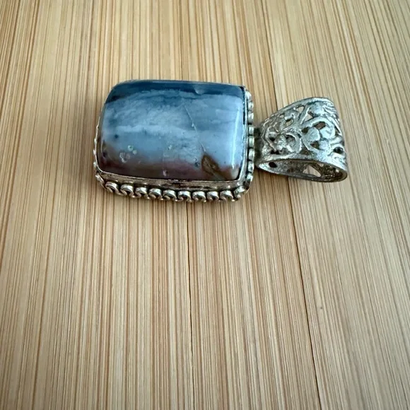 Sterling Silver Blue Agate Natural Stone Necklace Pendant - Picture 10 of 12